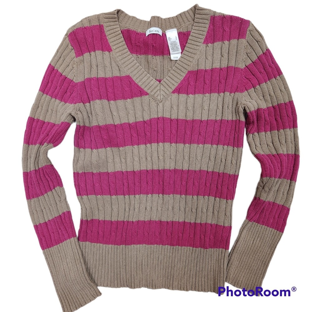 LIZ & Co 90s Y2K Women's L Cable Knit Sweater Striped V-Neck Slim Fit Pink Mocha